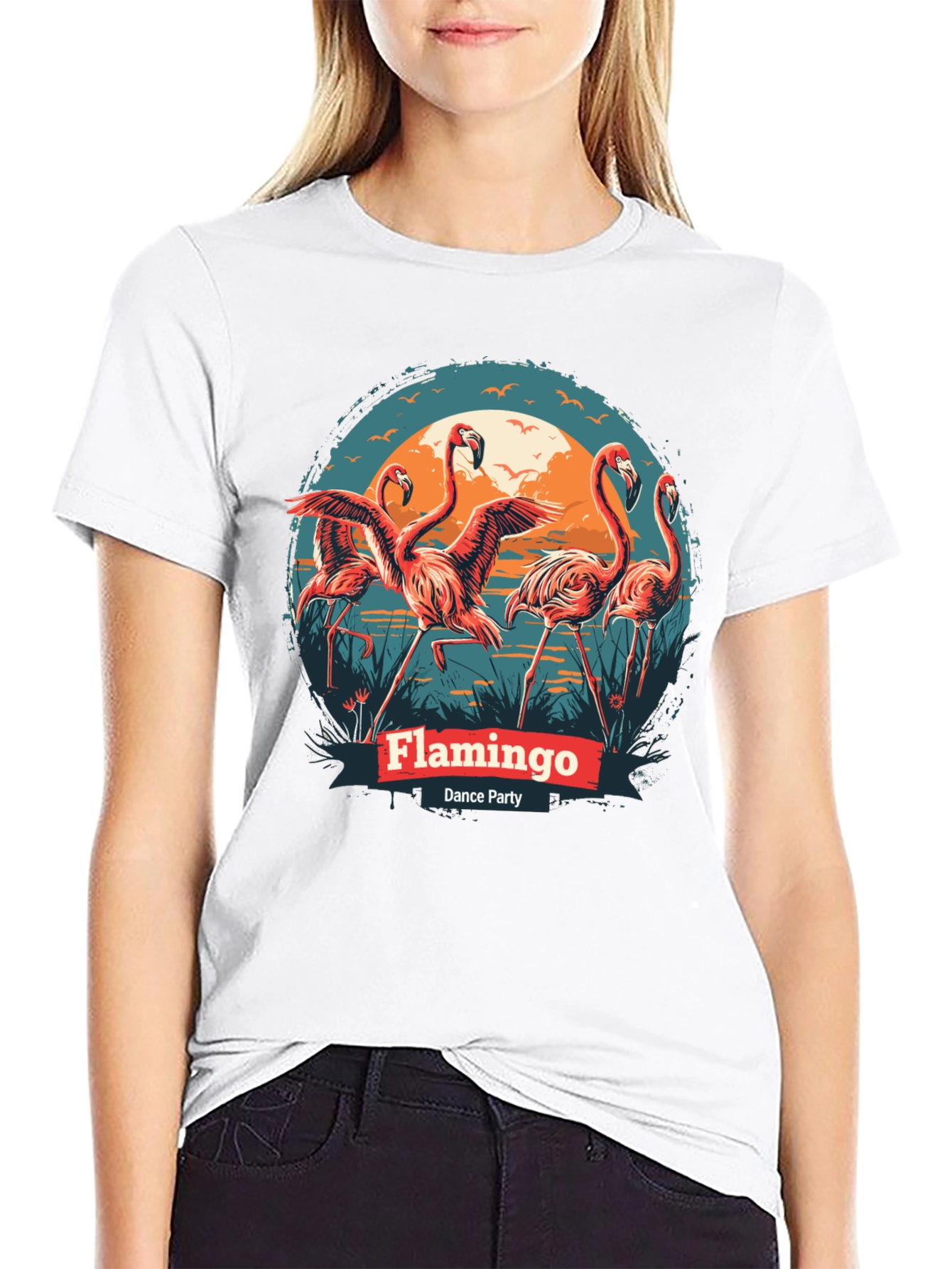 Flamingo Dance Party T-Shirt - Black Cotton