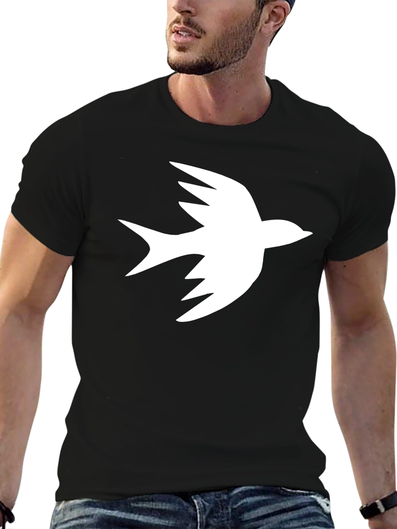 Black T-Shirt with White Bird Graphic