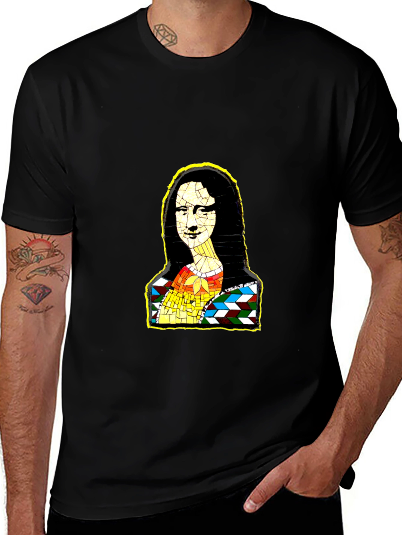 Mona Lisa Mosaic Art Black T-Shirt