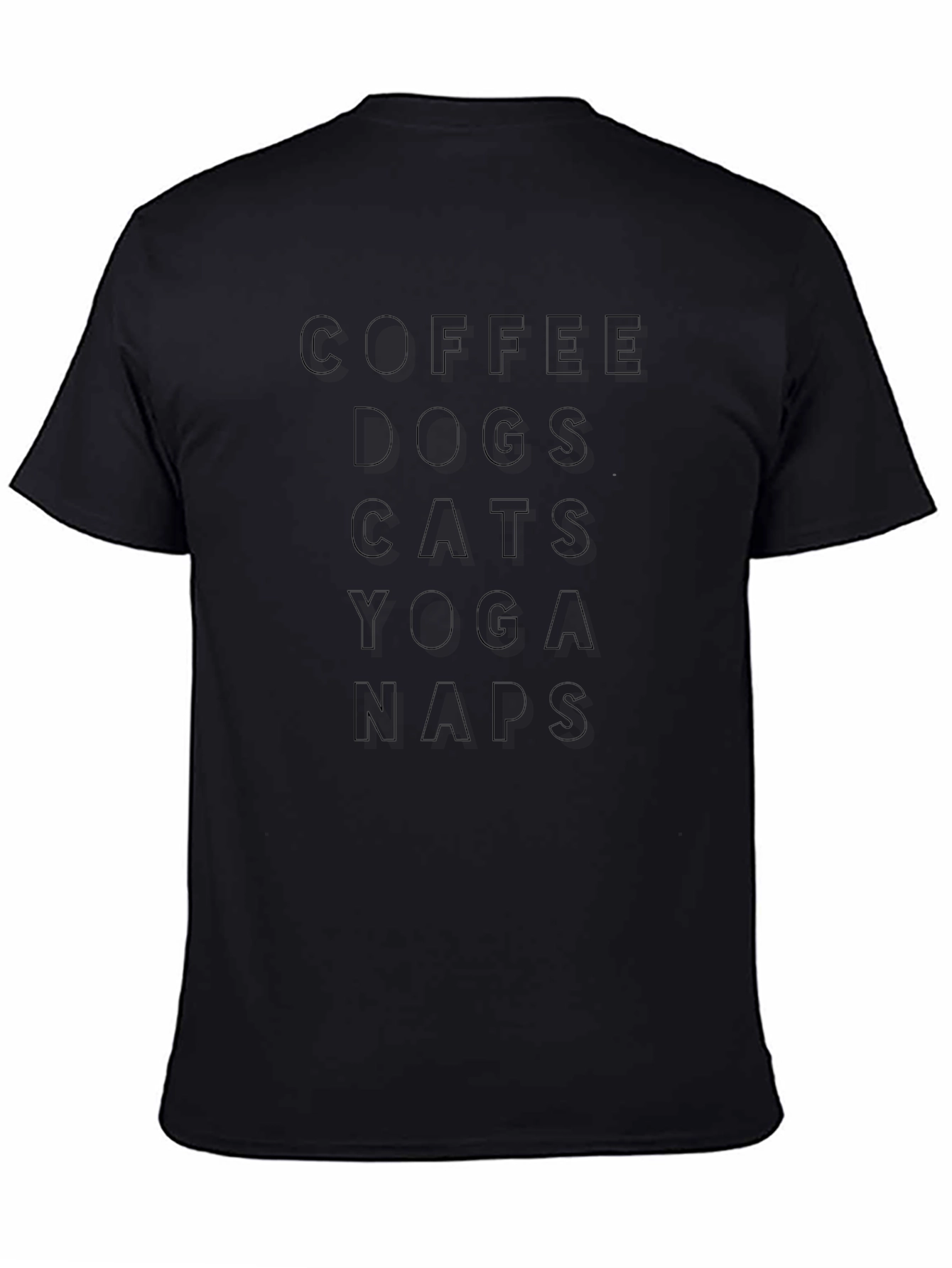 Coffee Dogs Cats Yoga Naps - Black T-Shirt