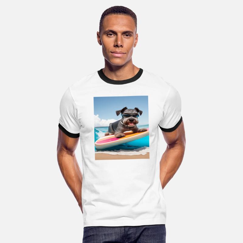 Schnauzer Surfing at Beach On Surfboard