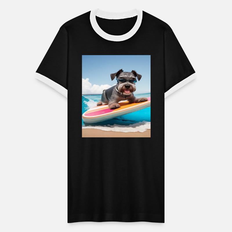 Schnauzer Surfing at Beach On Surfboard