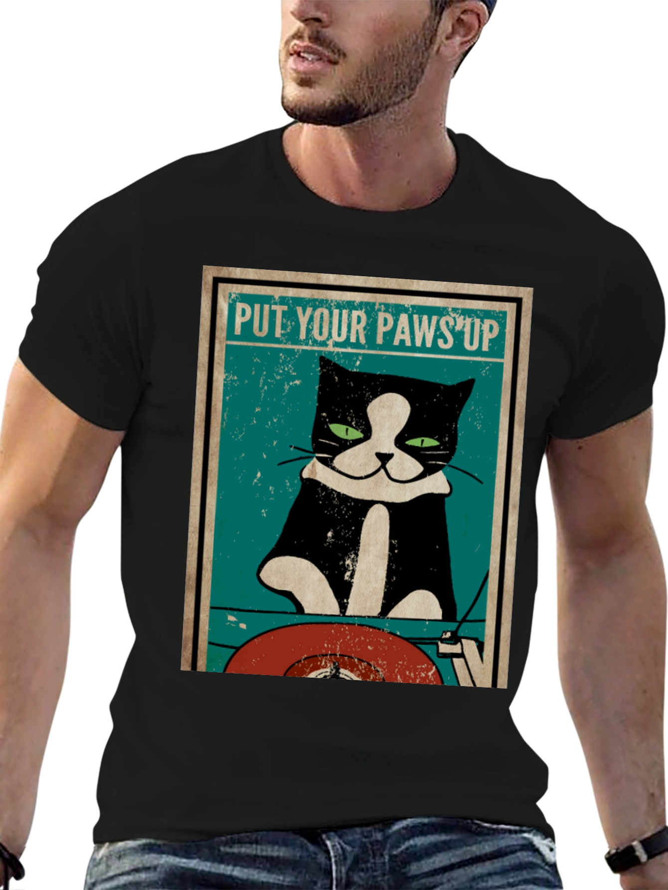 Put Your Paws Up Cat DJ Graphic T-Shirt