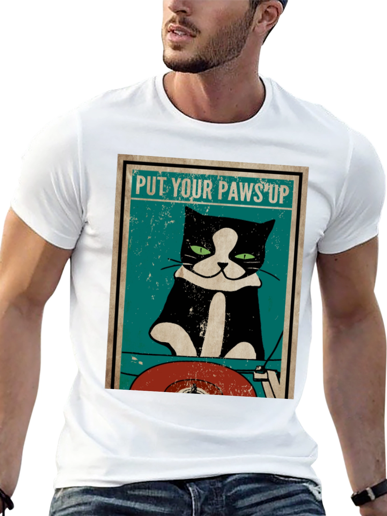 Put Your Paws Up Cat DJ Graphic T-Shirt