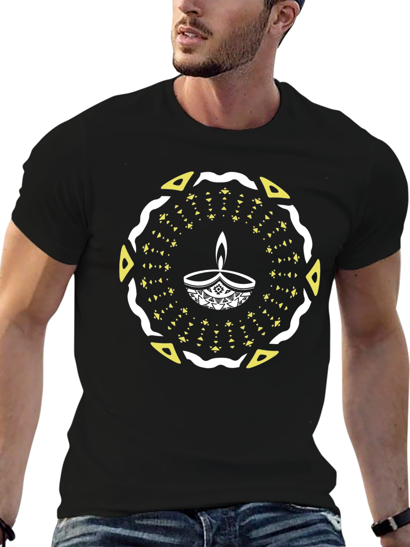 Diwali Lamp Graphic Tee - Black Cotton T-Shirt