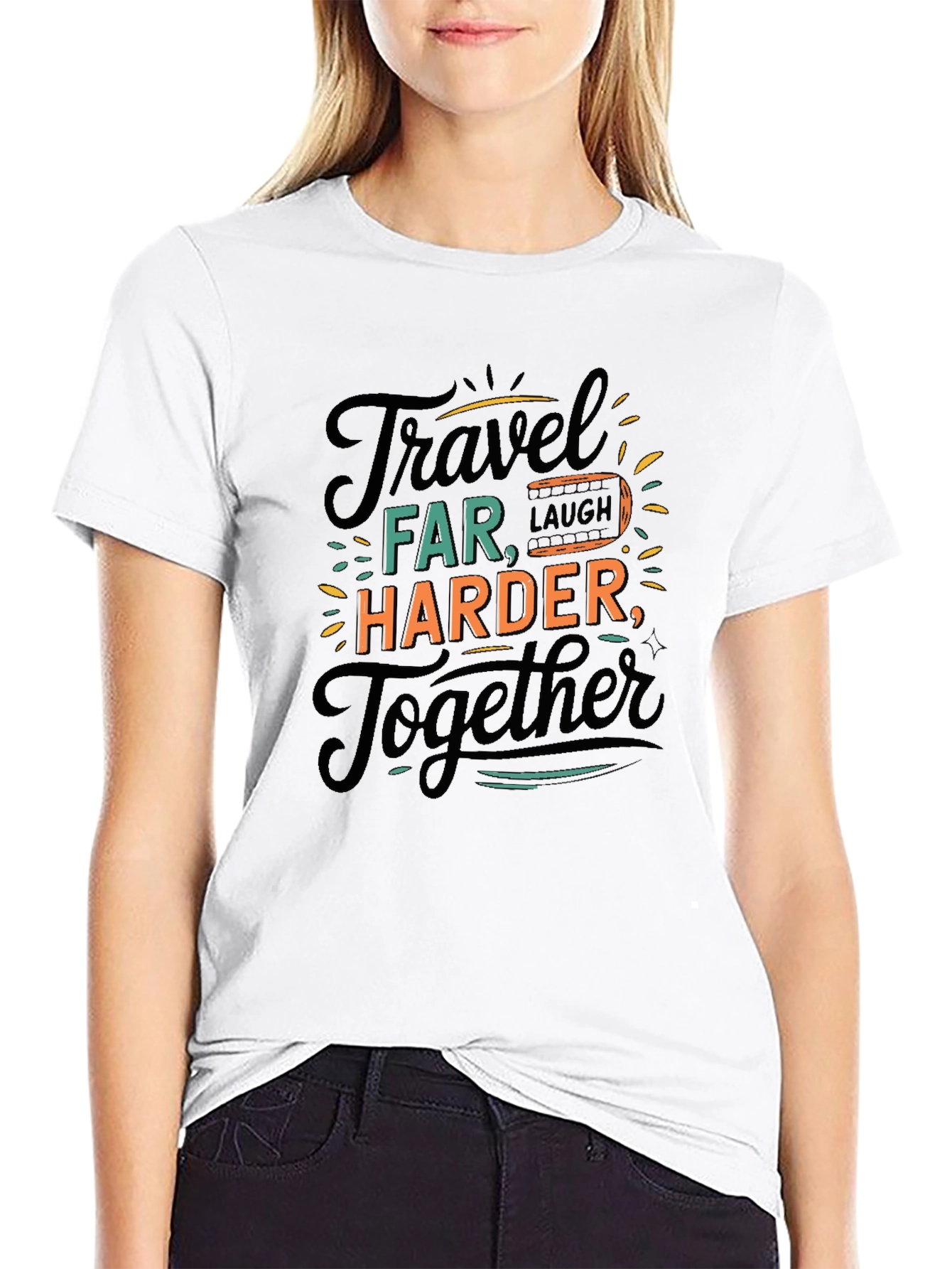 Travel Far T-Shirt - Laugh Harder Together - Black