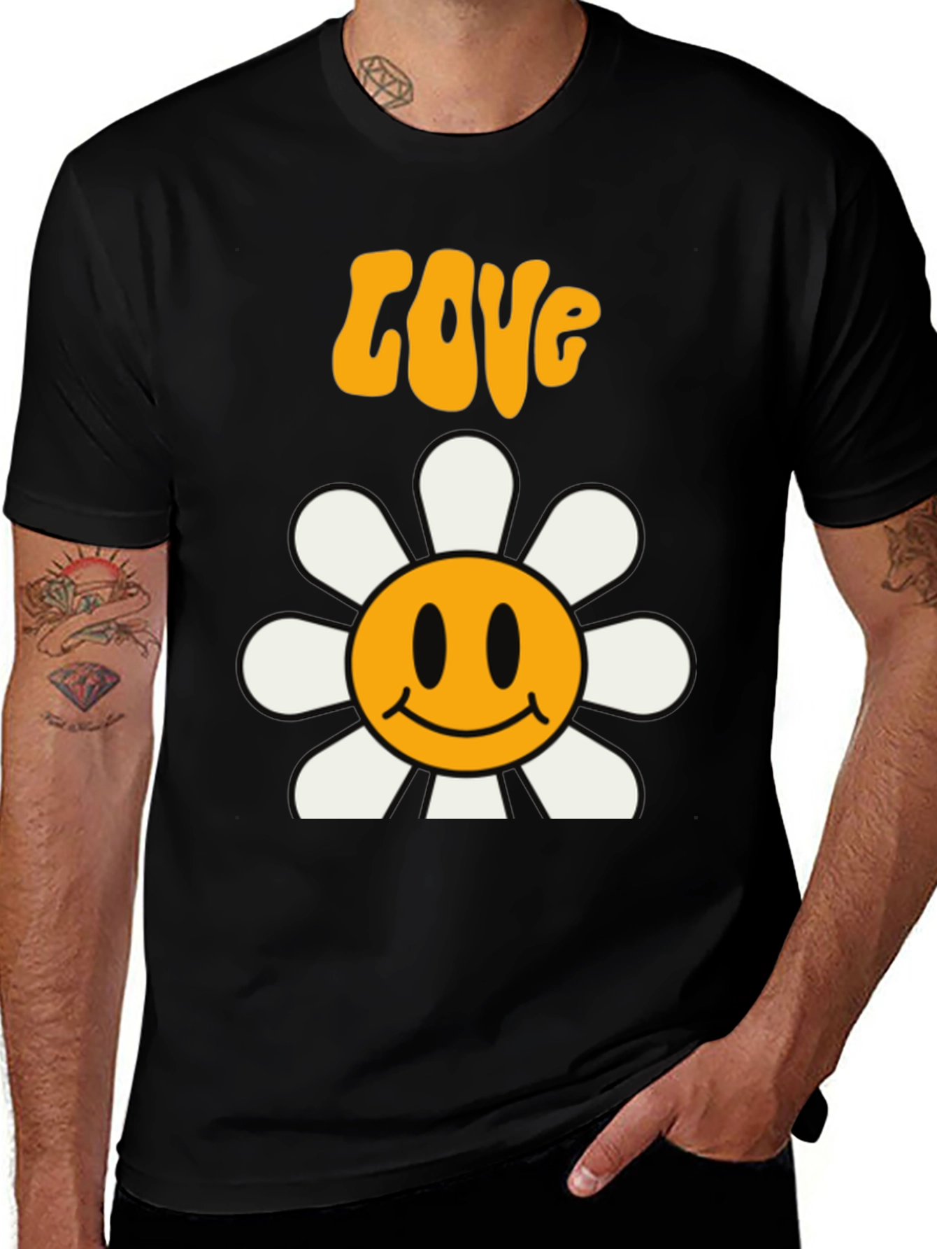 Retro Love Flower Smiley Face Graphic Tee - Black