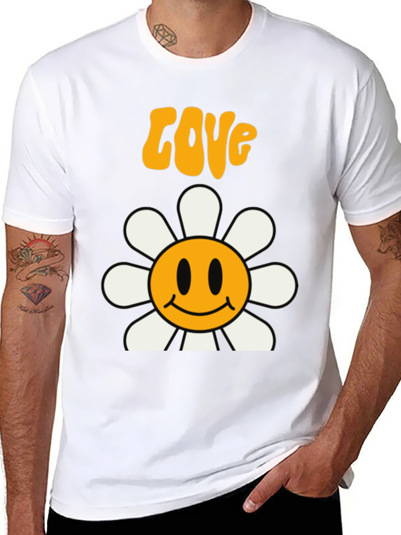 Retro Love Flower Smiley Face Graphic Tee - Black