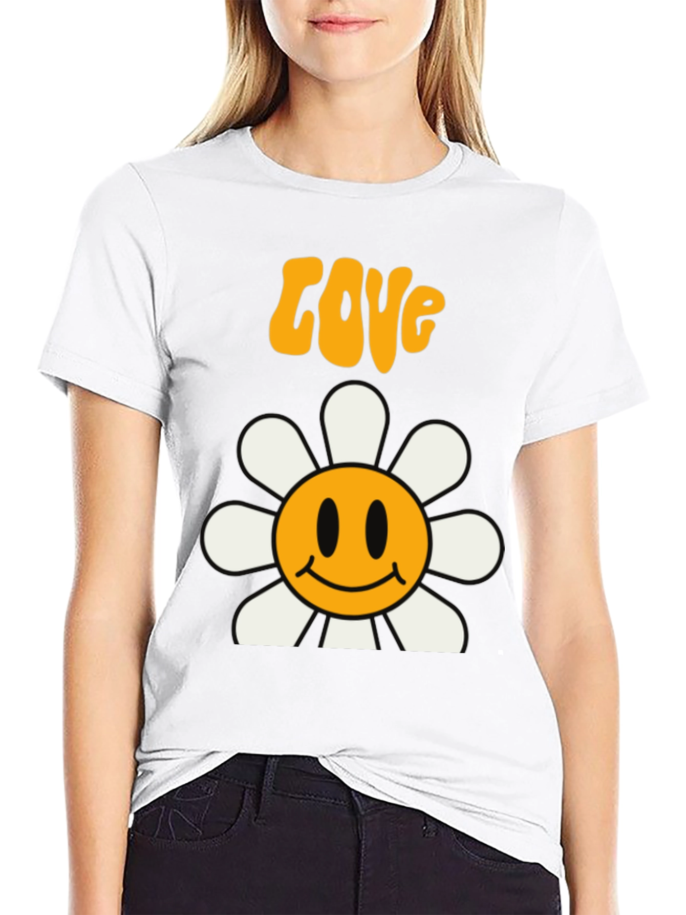 Retro Love Flower Smiley Face Graphic Tee - Black