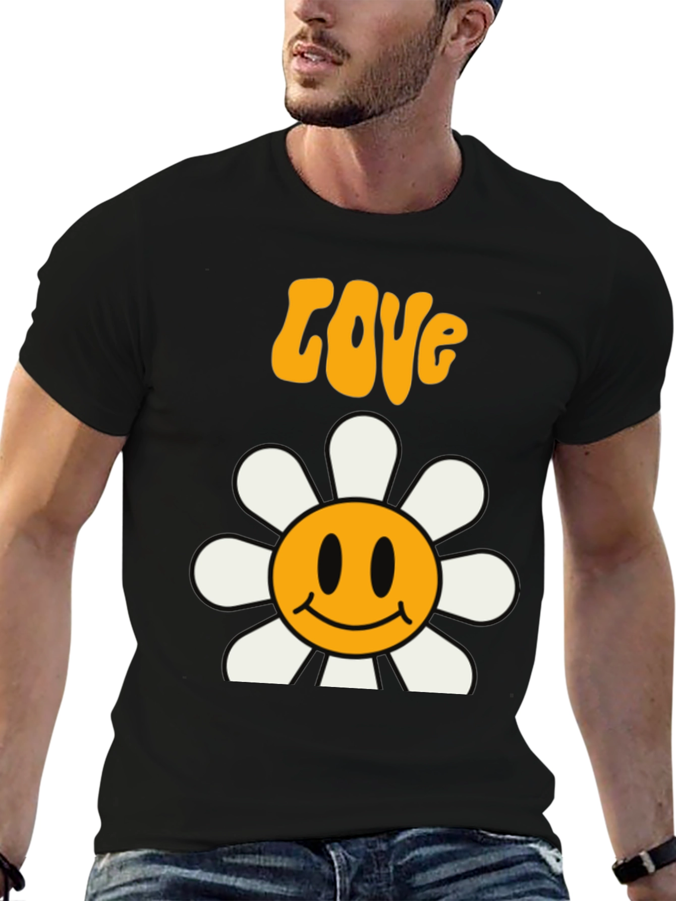 Retro Love Flower Smiley Face Graphic Tee - Black