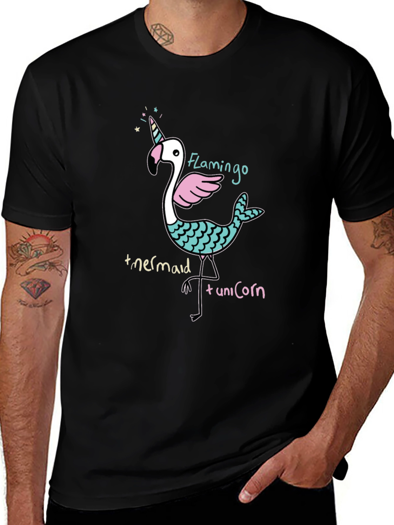 Flamingo Mermaid Unicorn Black Graphic Tee