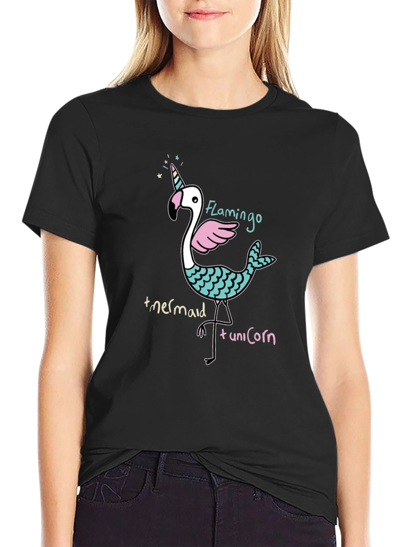 Flamingo Mermaid Unicorn Black Graphic Tee