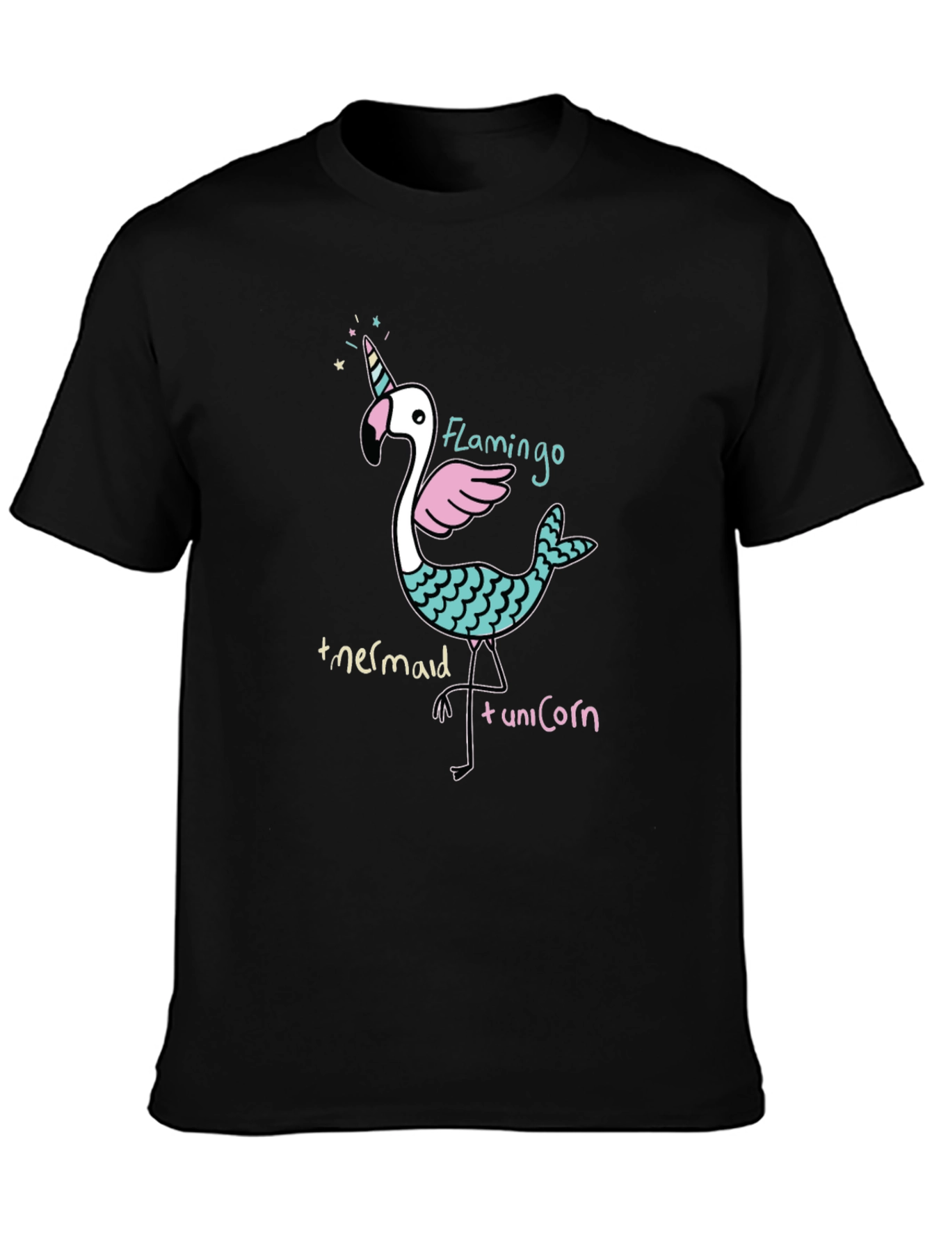 Flamingo Mermaid Unicorn Black Graphic Tee