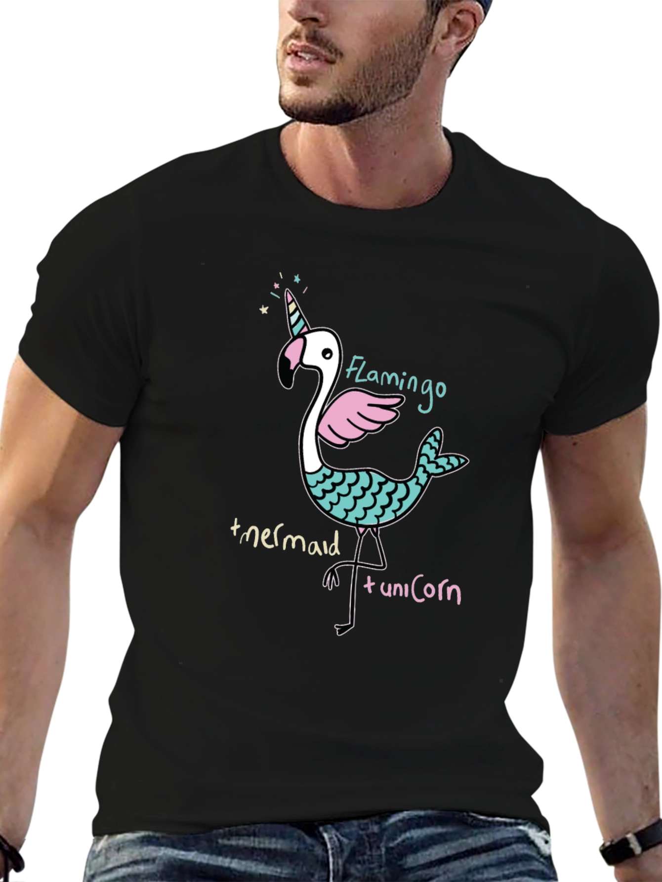 Flamingo Mermaid Unicorn Black Graphic Tee