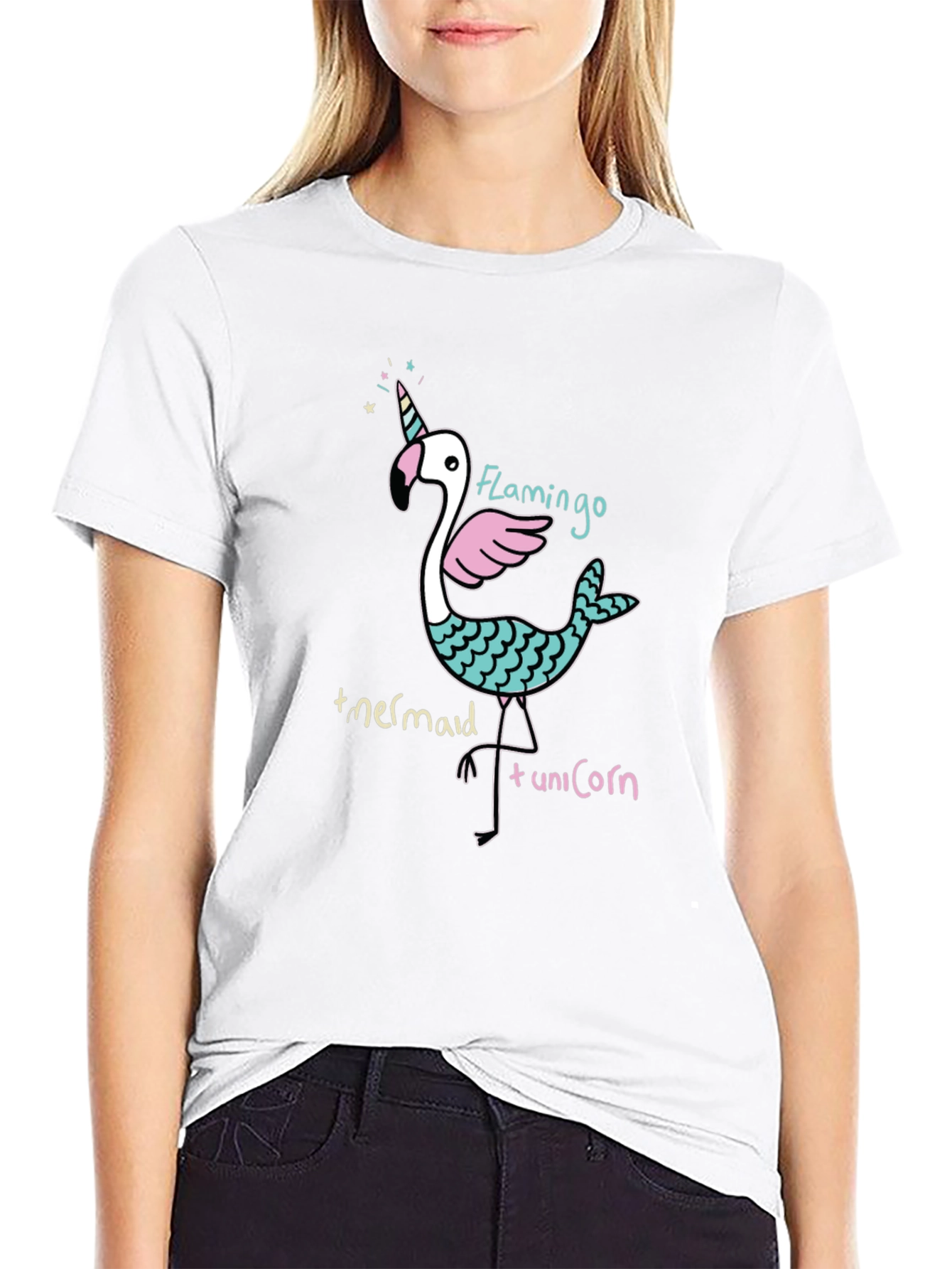 Flamingo Mermaid Unicorn Black Graphic Tee