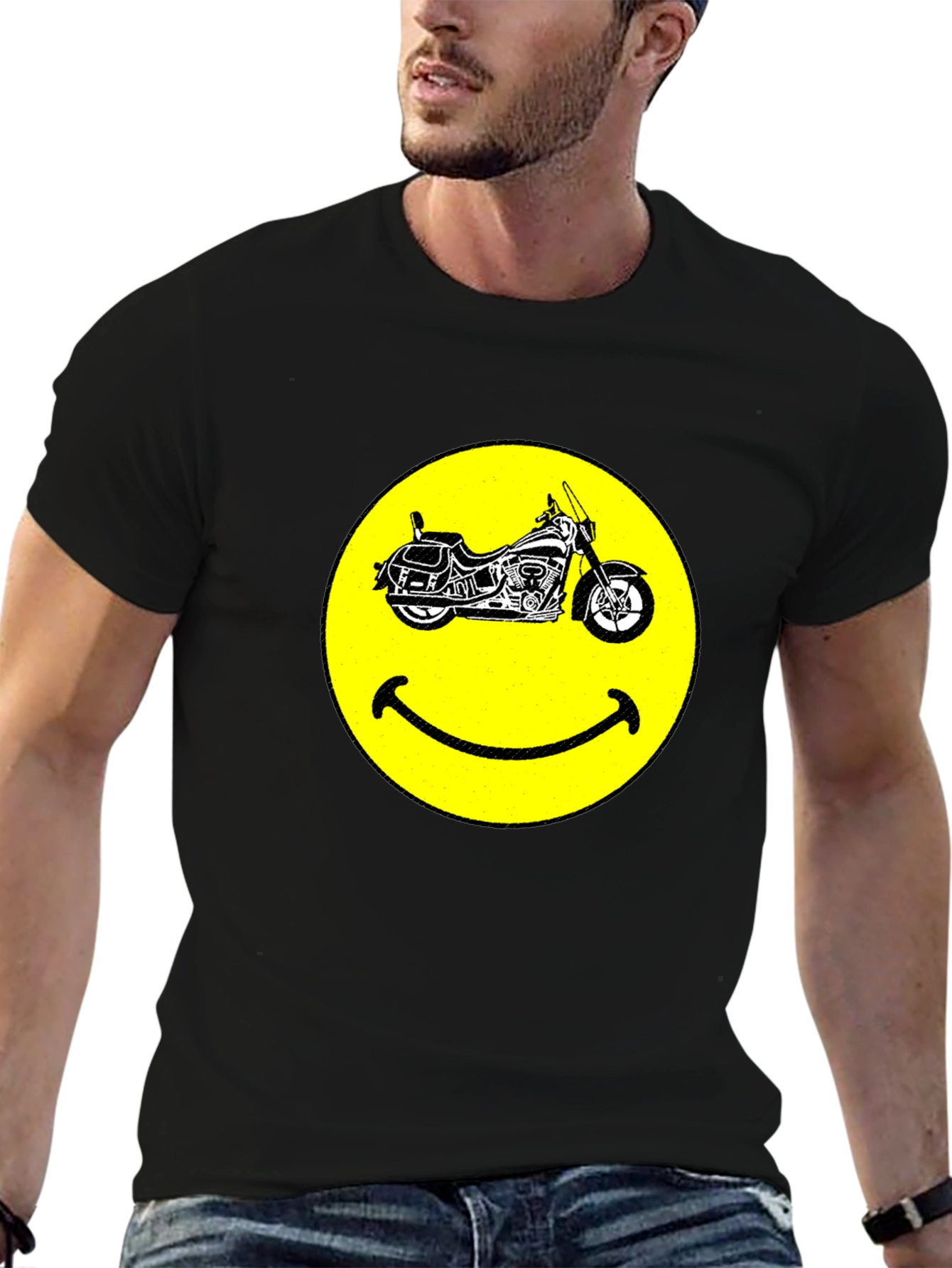 Smiley Face Motorcycle Black T-Shirt