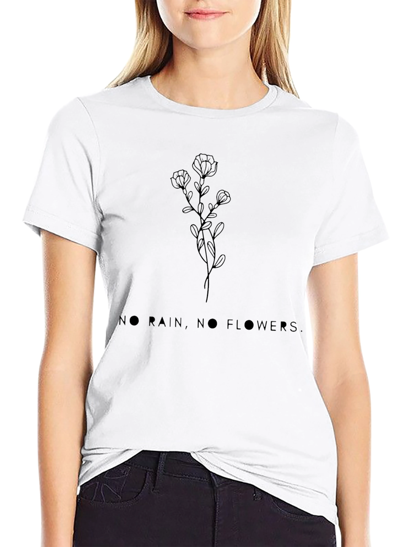 Black Floral Graphic T-Shirt No Rain No Flowers