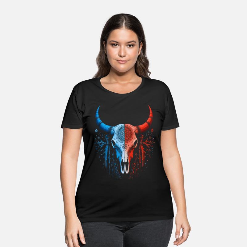 Tribal Skull Design Red Blue Split Art Shirt