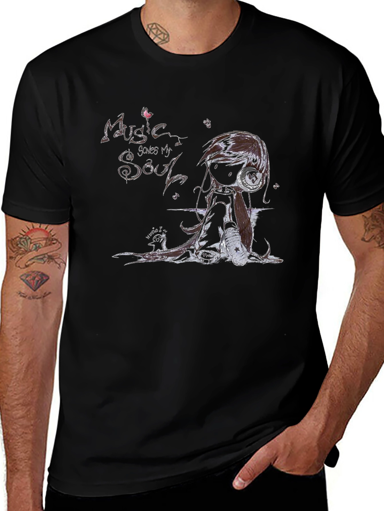 Music Saves My Soul Black Graphic T-Shirt
