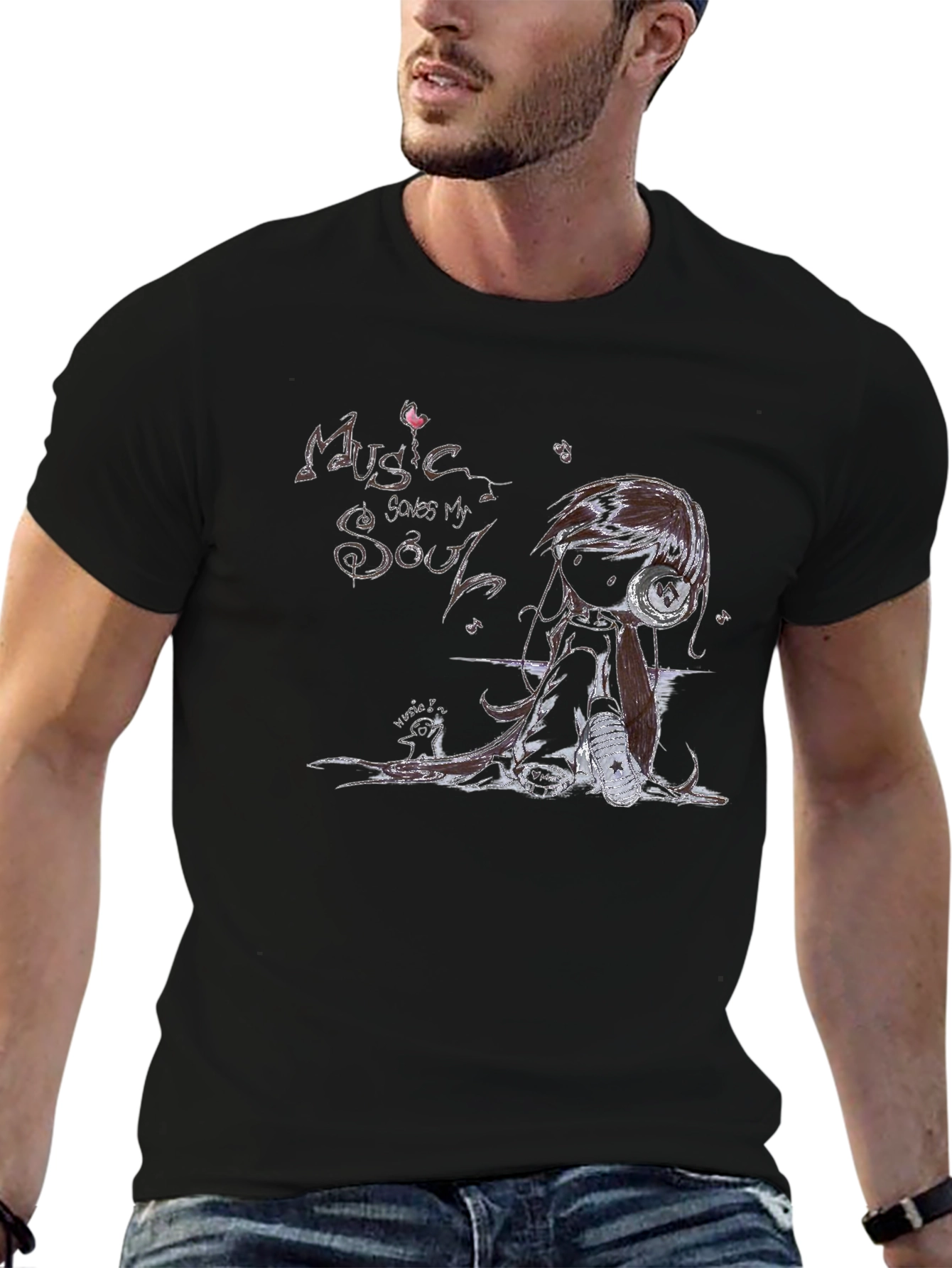 Music Saves My Soul Black Graphic T-Shirt