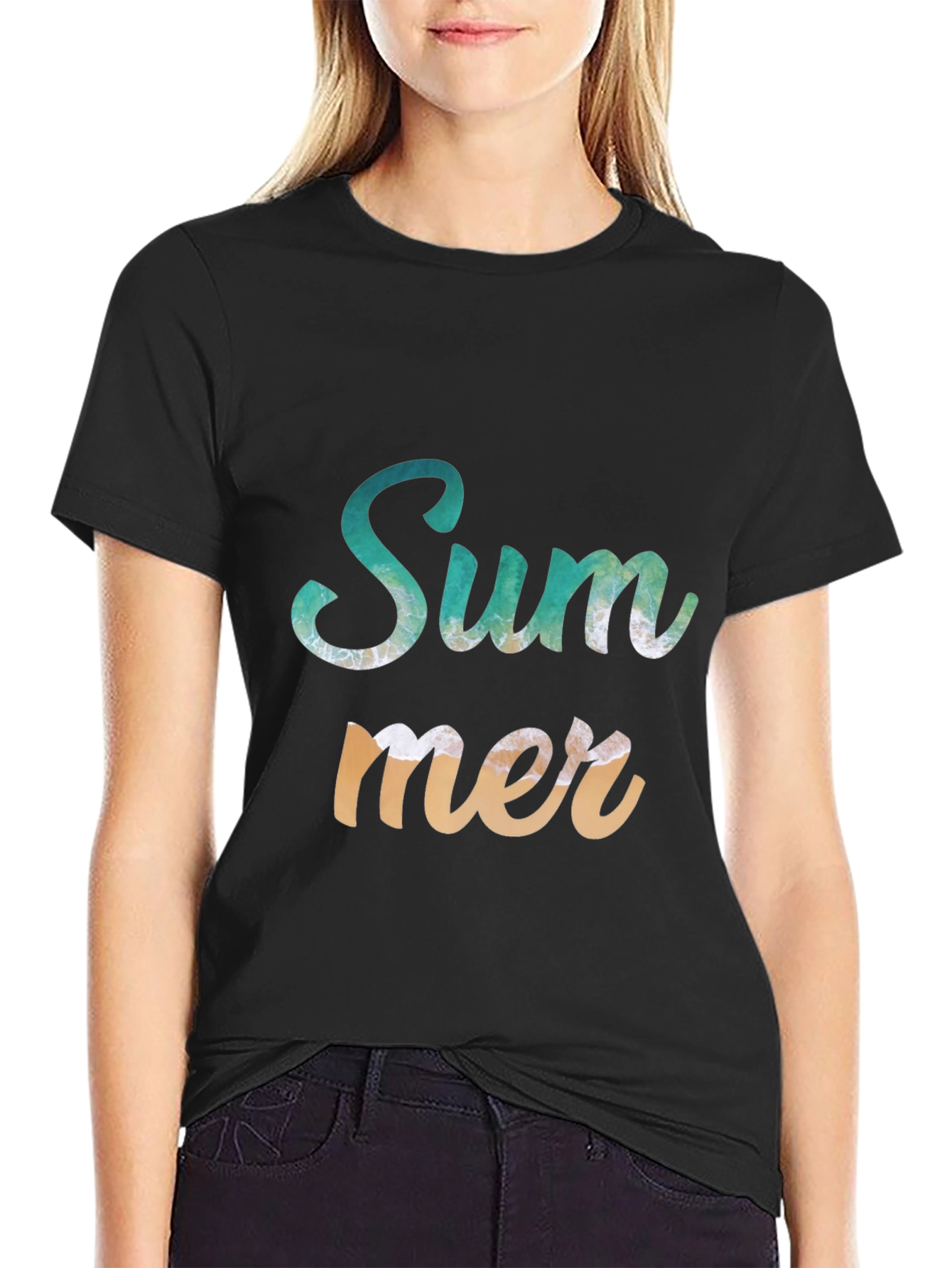 Summer Wave Design Black T-Shirt