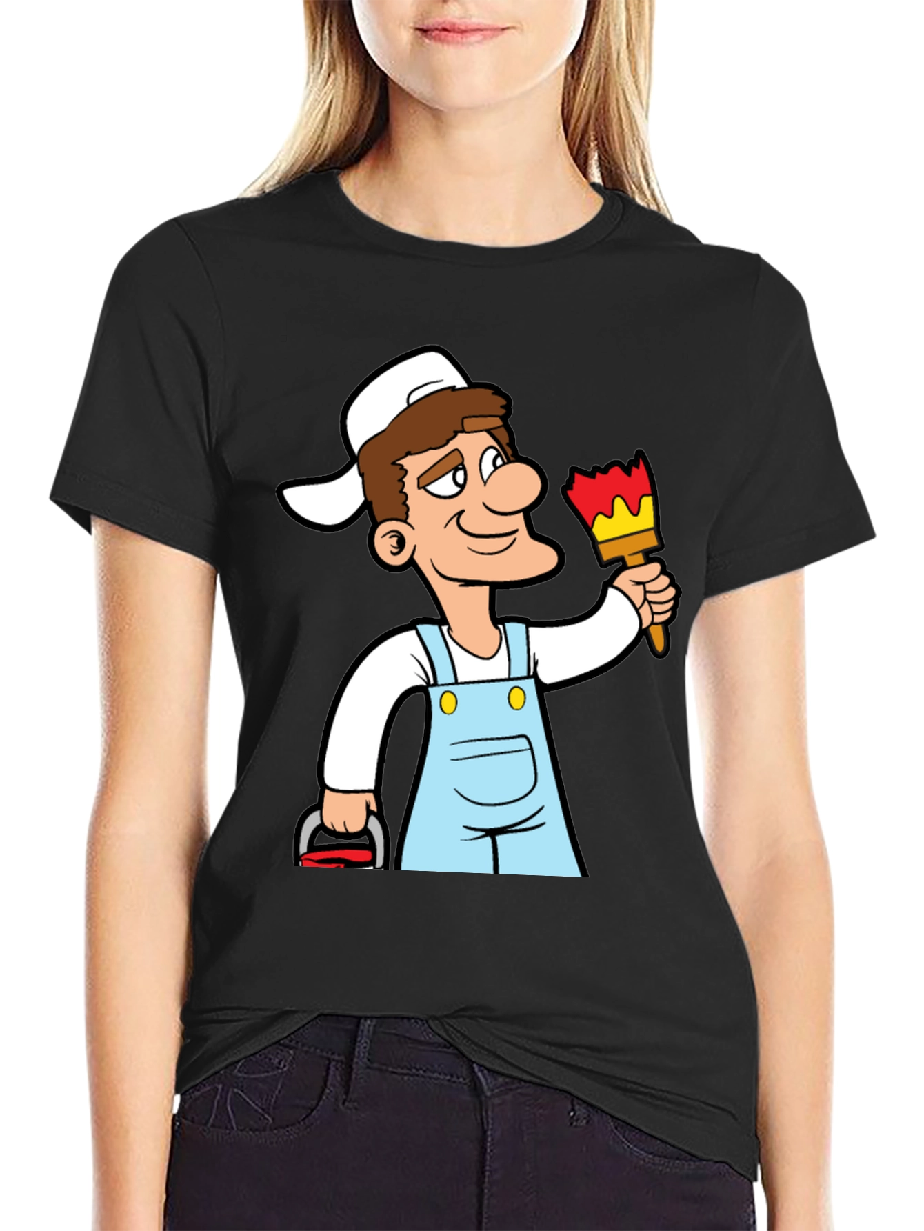 Painter Cartoon Graphic T-Shirt - Black Cotton Tee