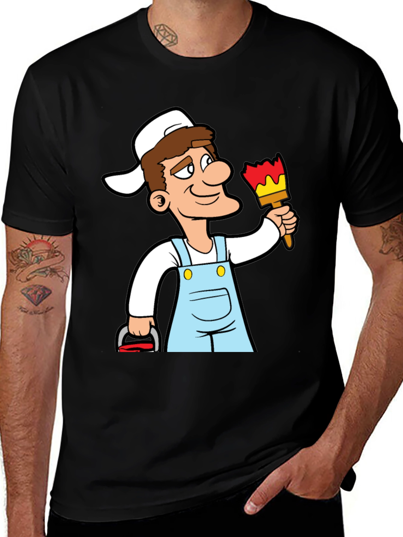 Painter Cartoon Graphic T-Shirt - Black Cotton Tee