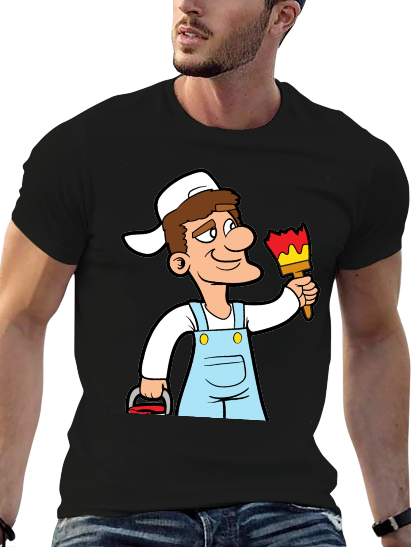 Painter Cartoon Graphic T-Shirt - Black Cotton Tee