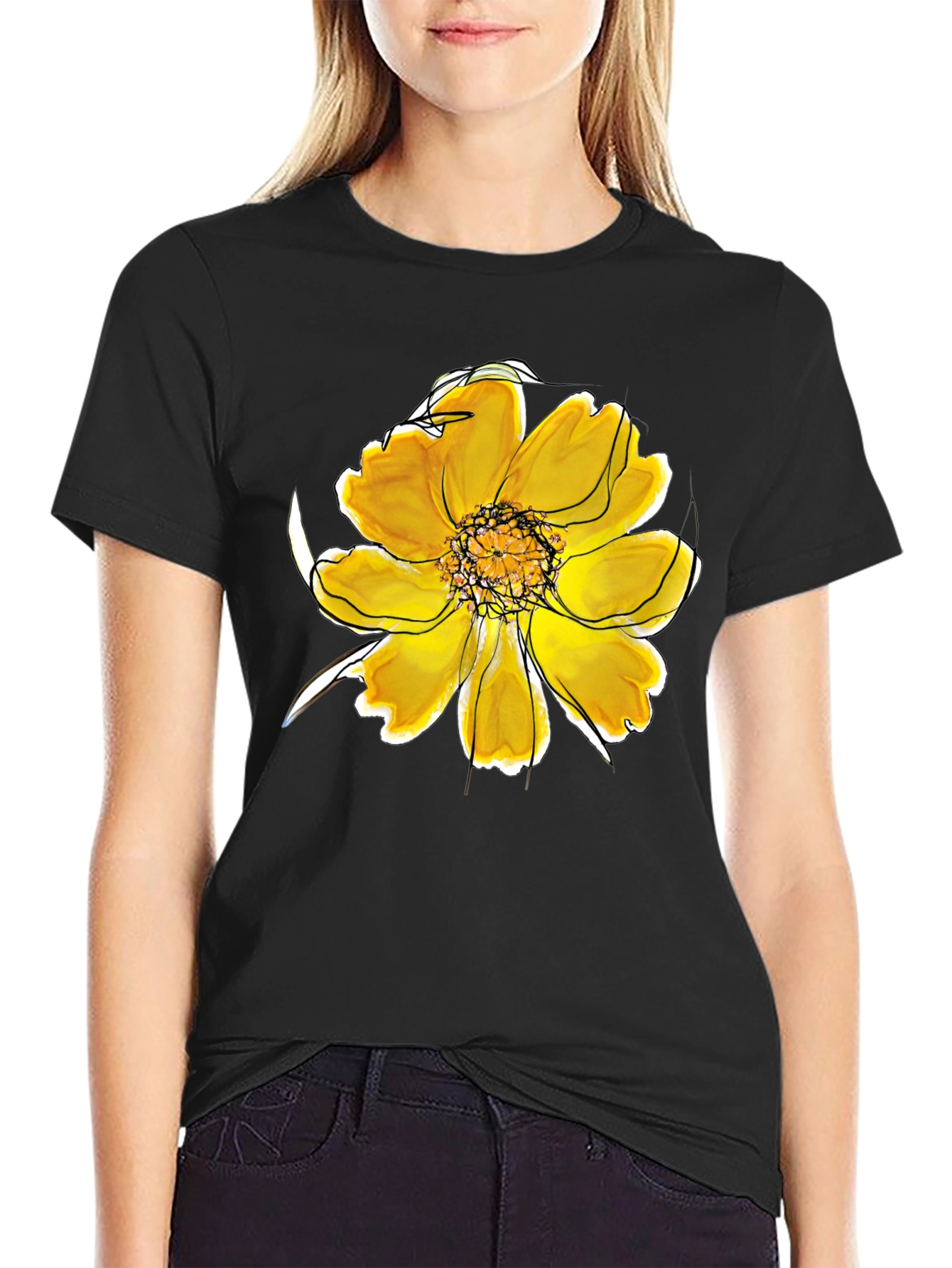 Black T-Shirt with Floral Design