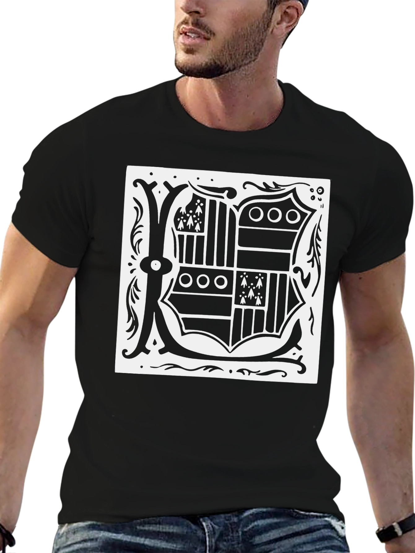 Black T-Shirt with Ornate Letter K Design