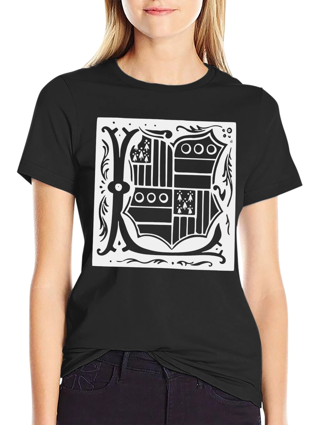 Black T-Shirt with Ornate Letter K Design