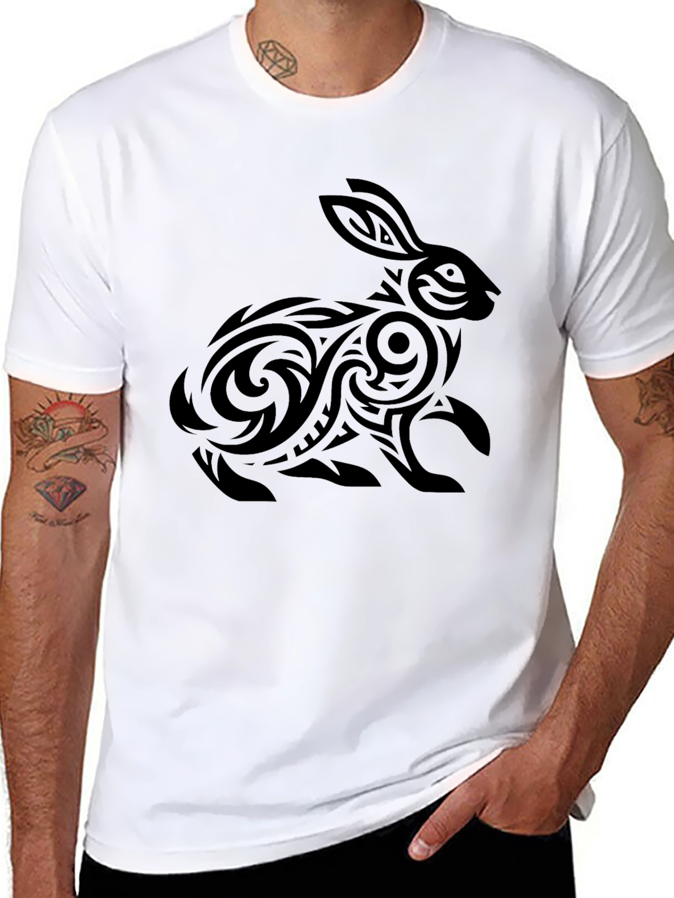 Tribal Rabbit Graphic Tee - Black Cotton Shirt