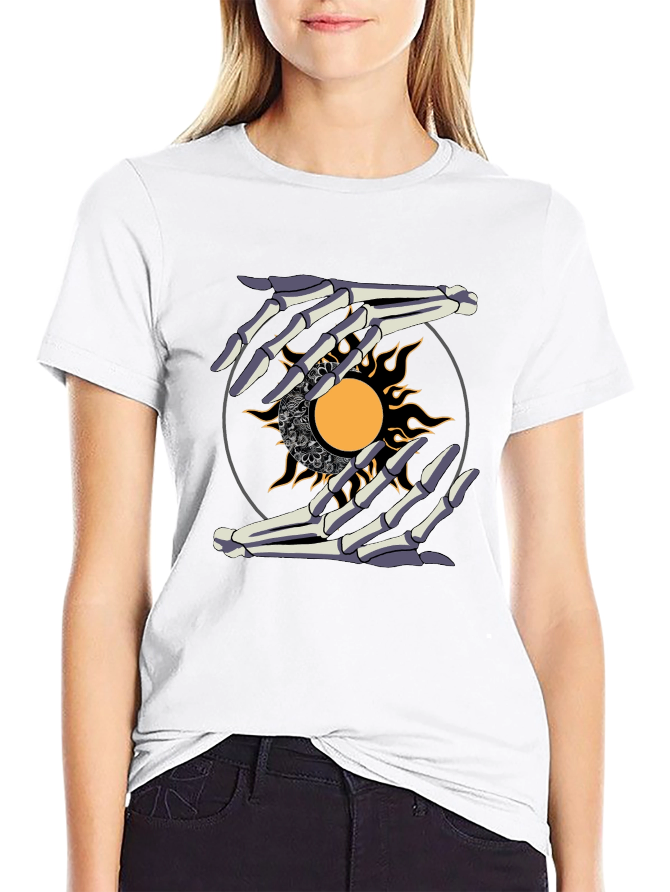 Skeleton Hands Sun Graphic Tee - Unique Unisex Shirt