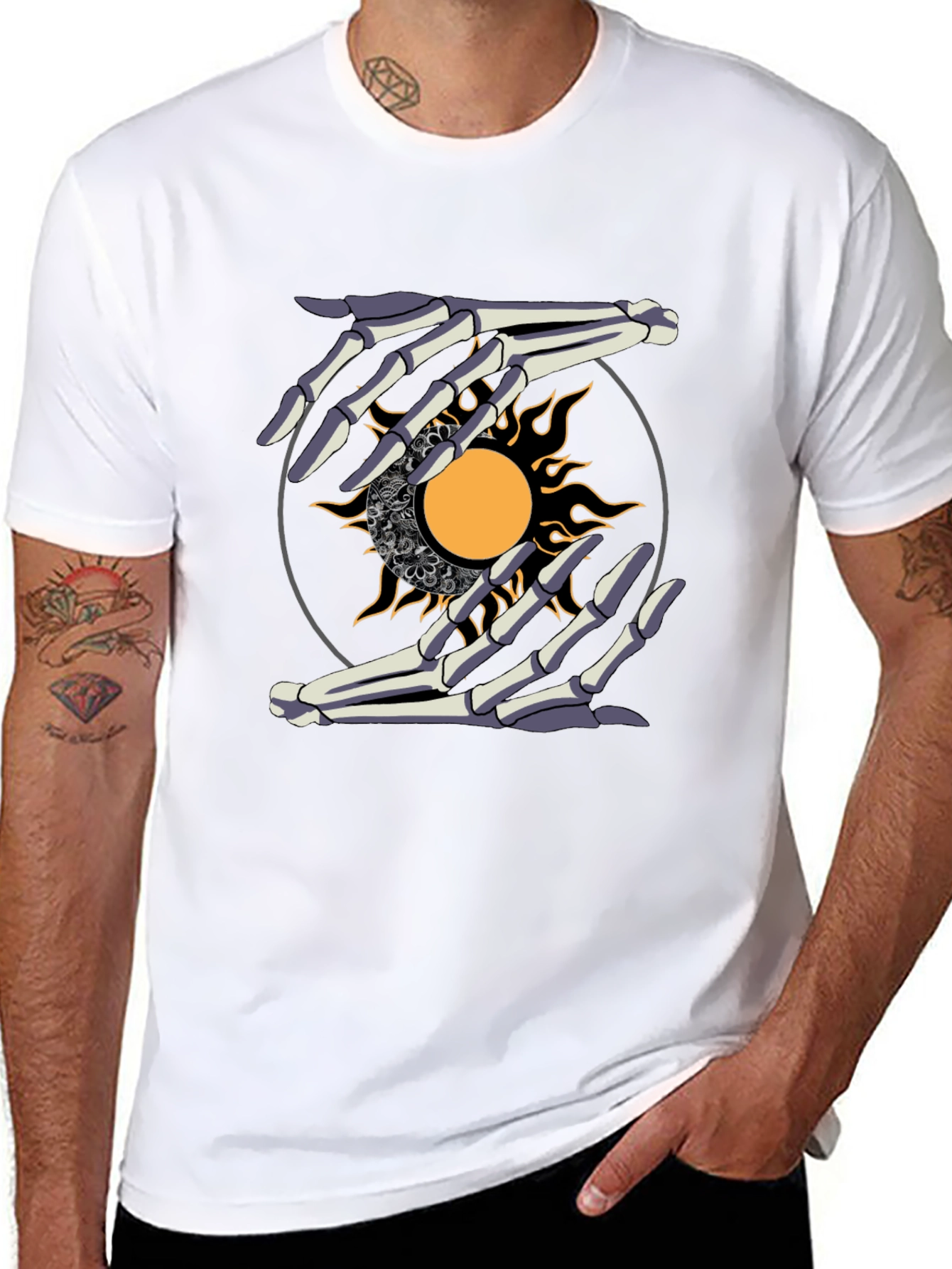 Skeleton Hands Sun Graphic Tee - Unique Unisex Shirt