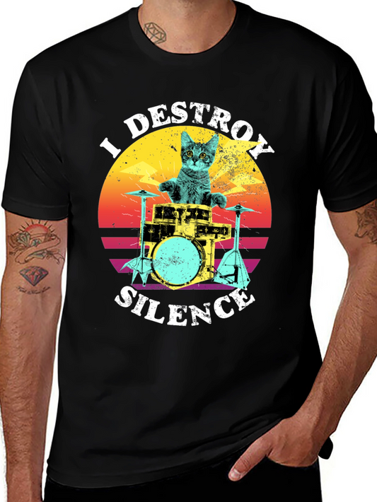 I Destroy Silence Cat Drummer Graphic Tee