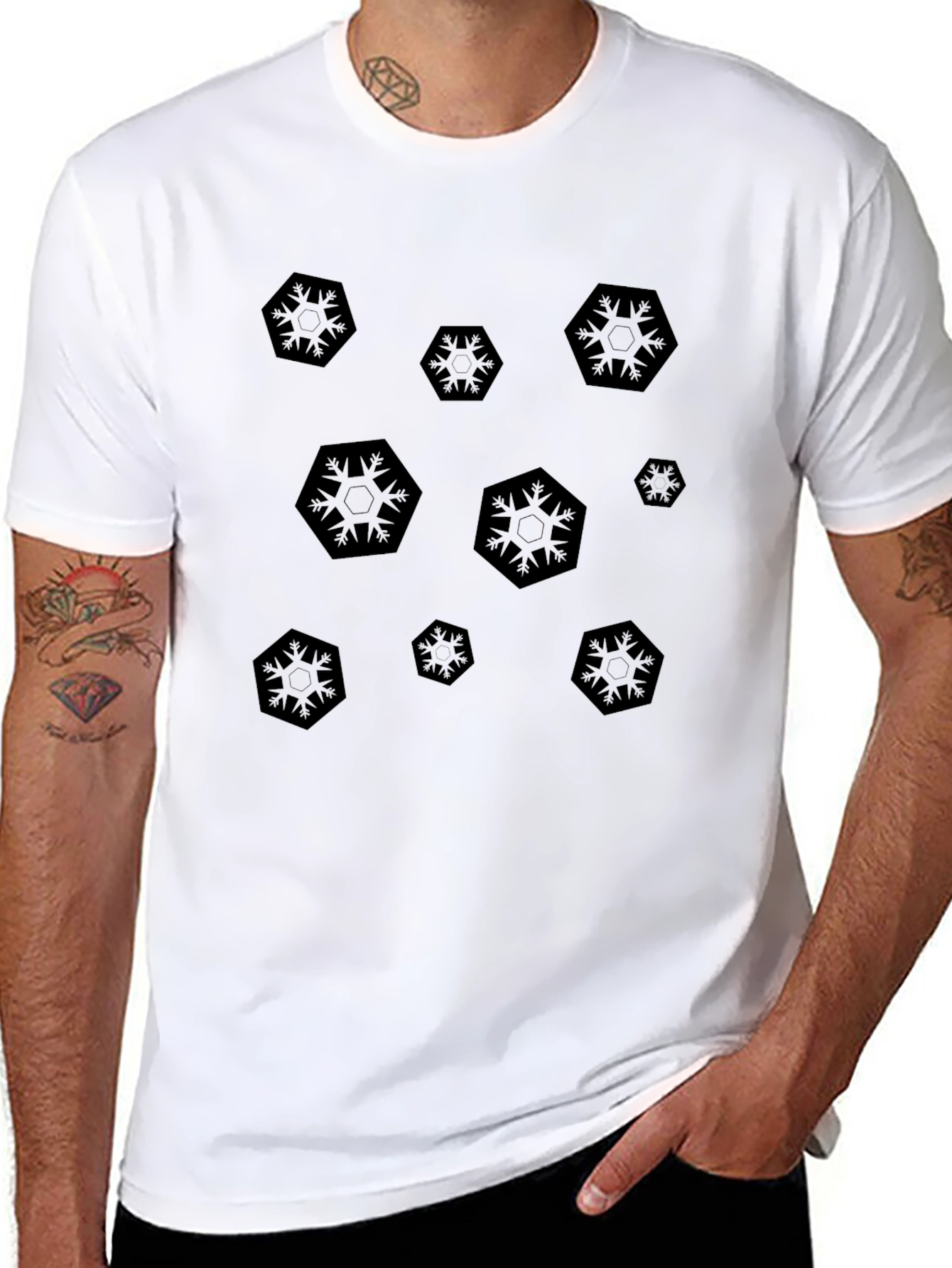 Black Geometric Patterned Crew Neck T-Shirt