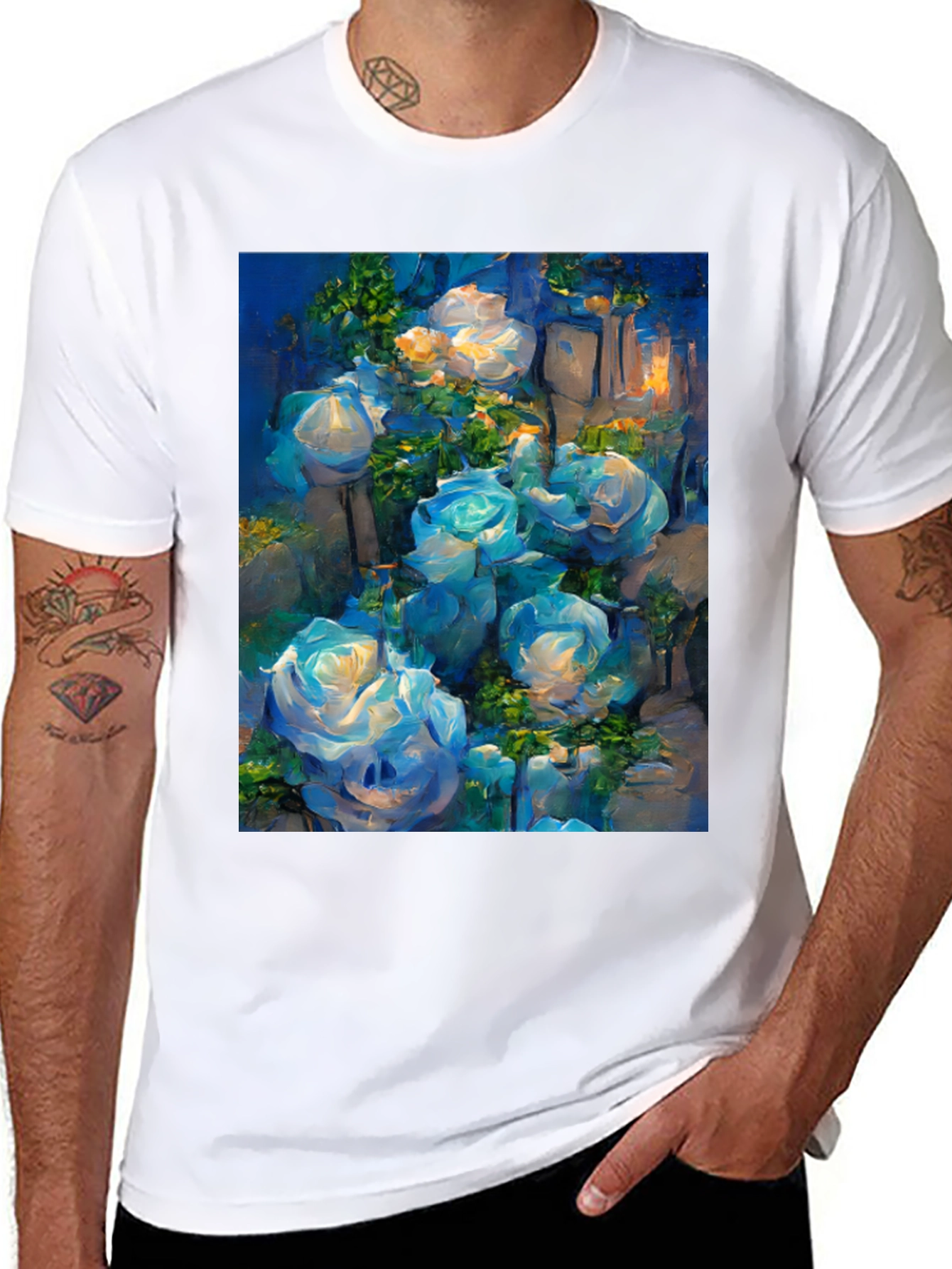 Blue Roses Graphic Tee - Artistic Floral Print