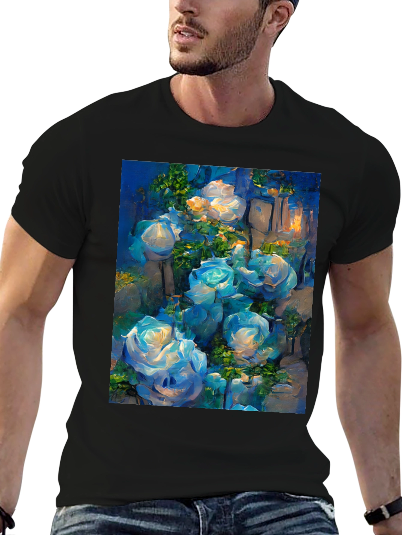 Blue Roses Graphic Tee - Artistic Floral Print