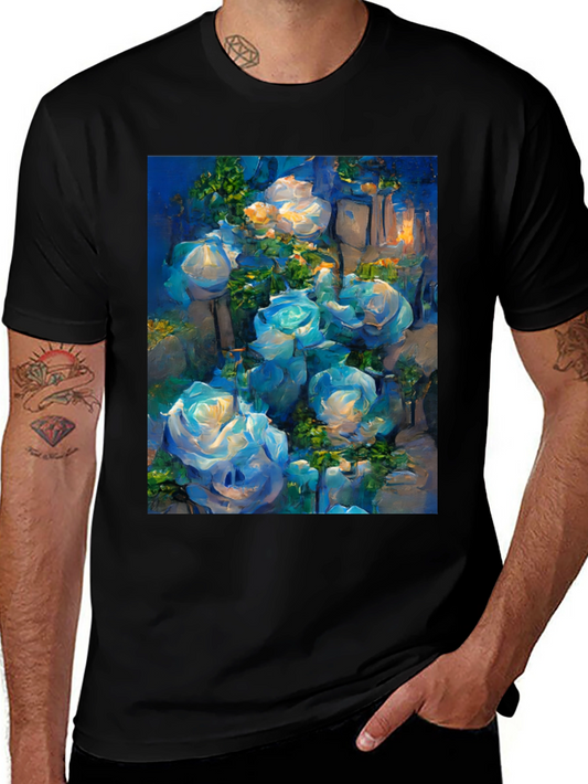 Blue Roses Graphic Tee - Artistic Floral Print