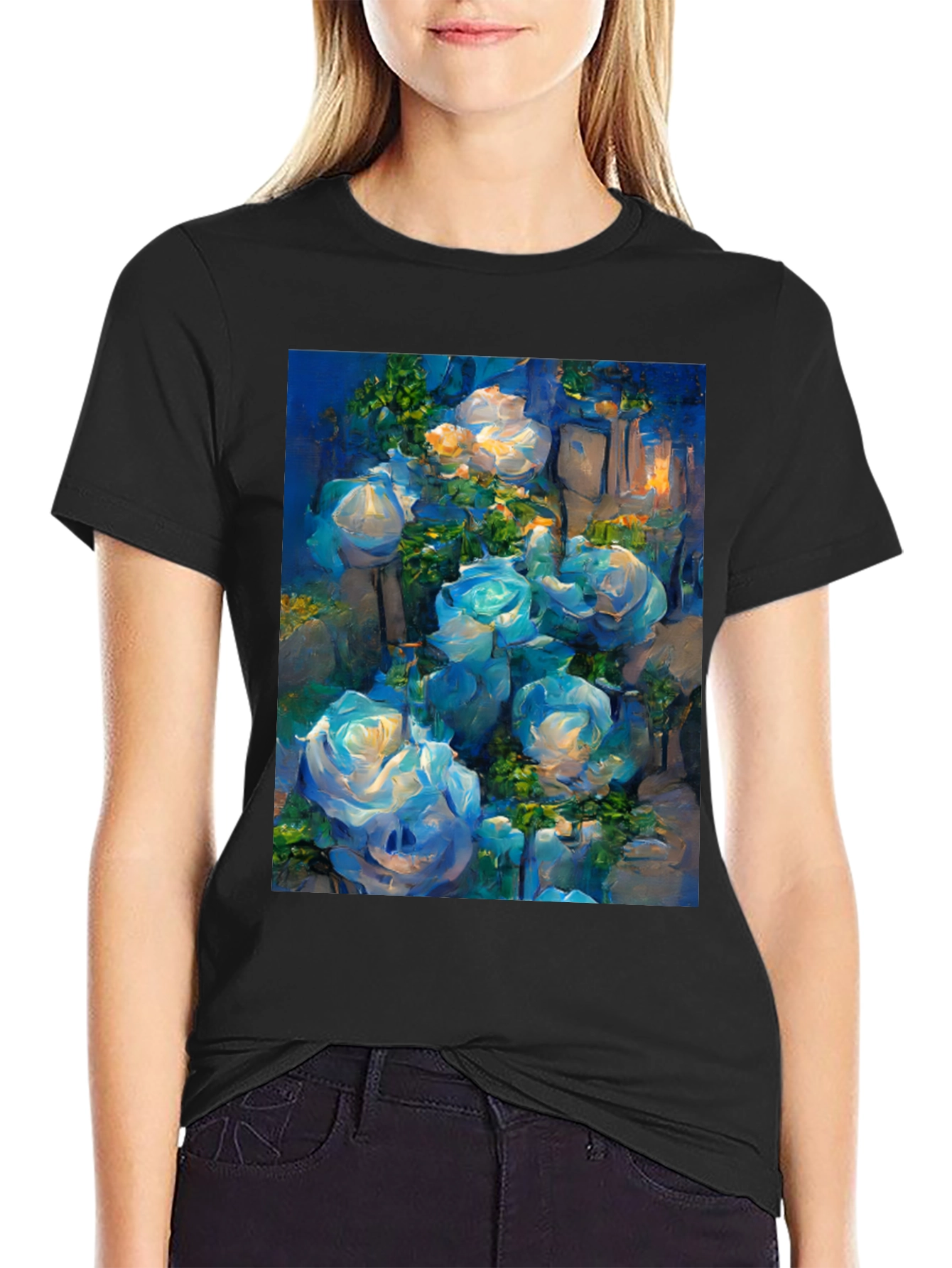 Blue Roses Graphic Tee - Artistic Floral Print