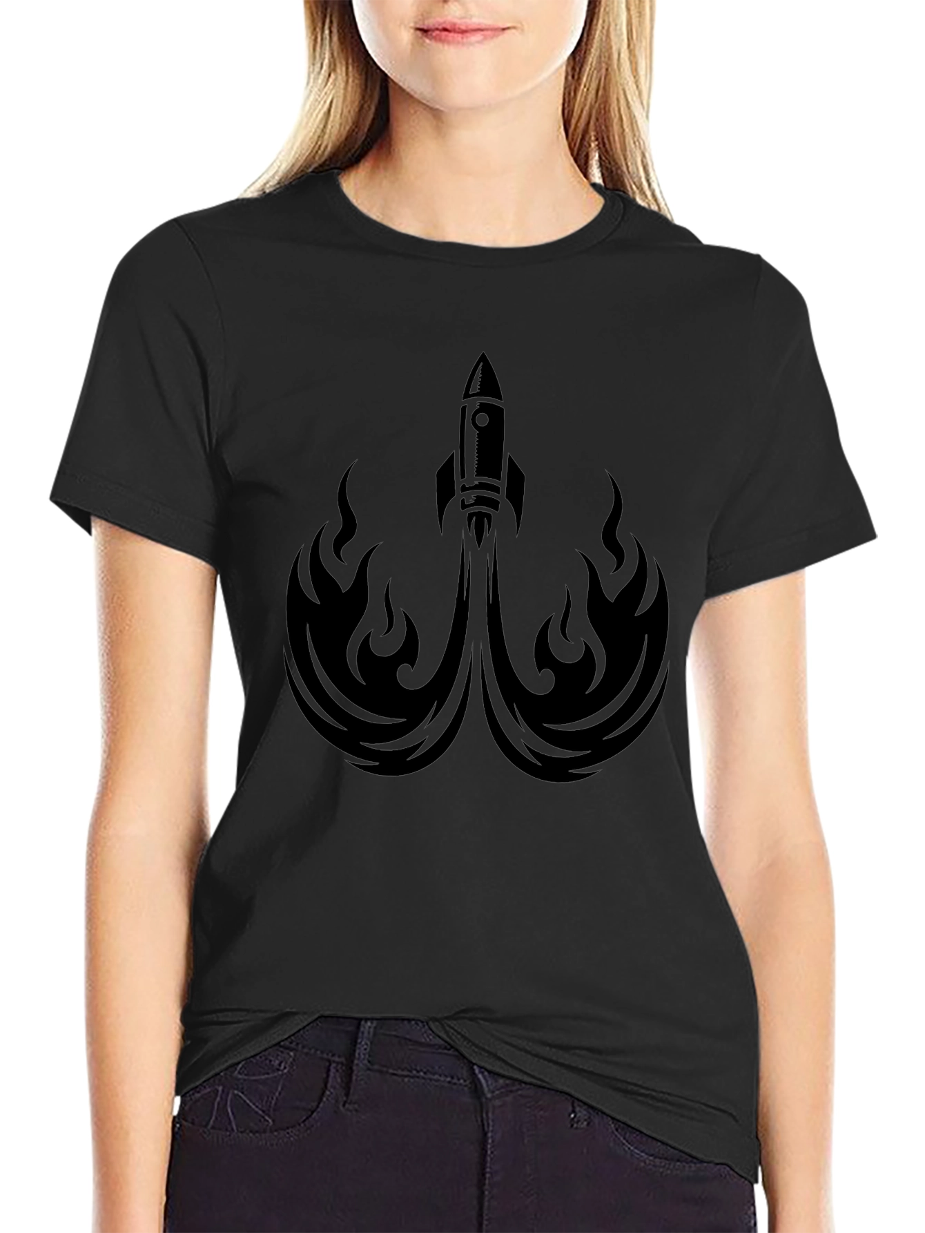 Rocket Launch Graphic Tee - Black Crew Neck Shirt