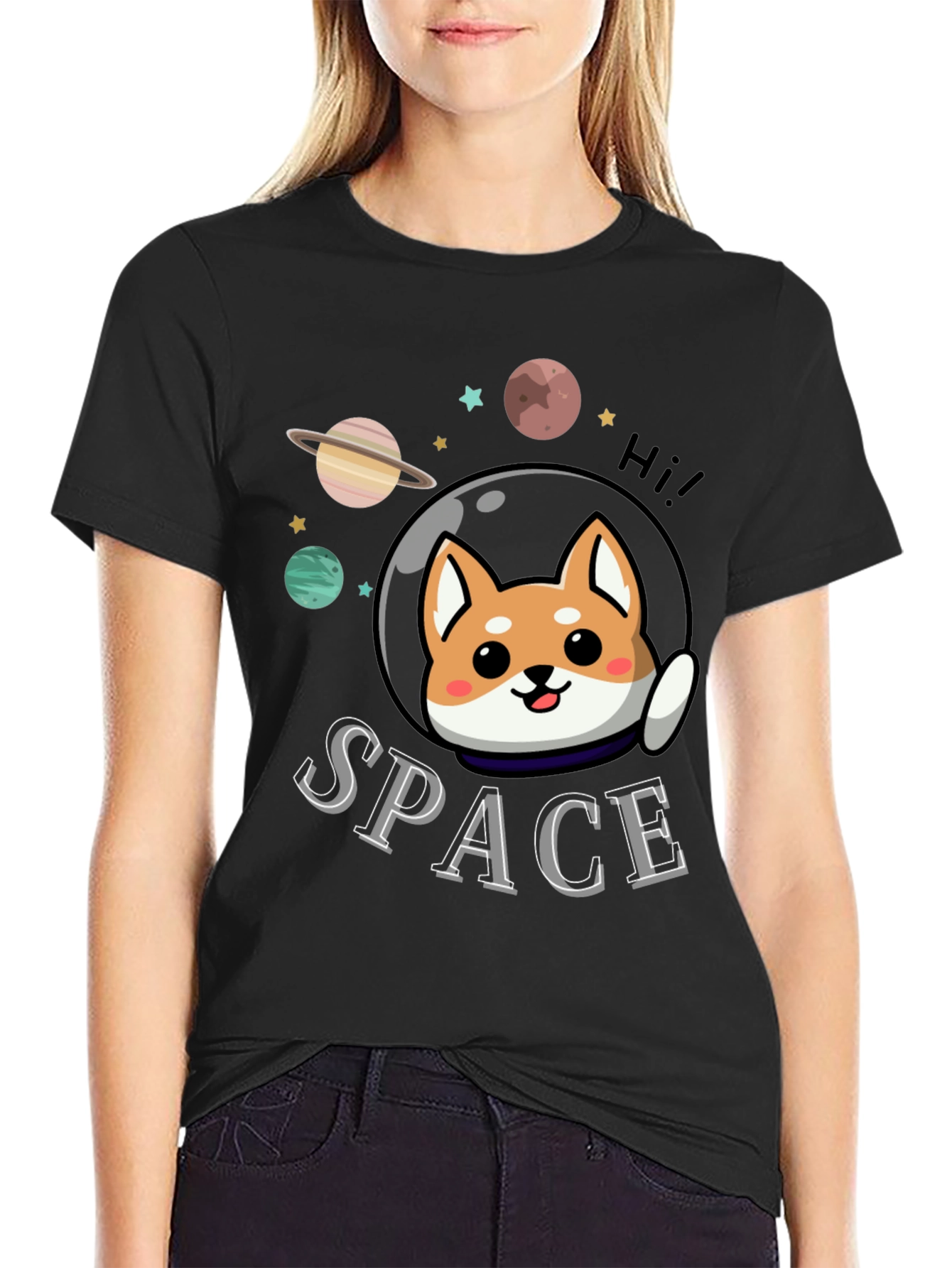 Space Shiba Inu Graphic T-Shirt - Black