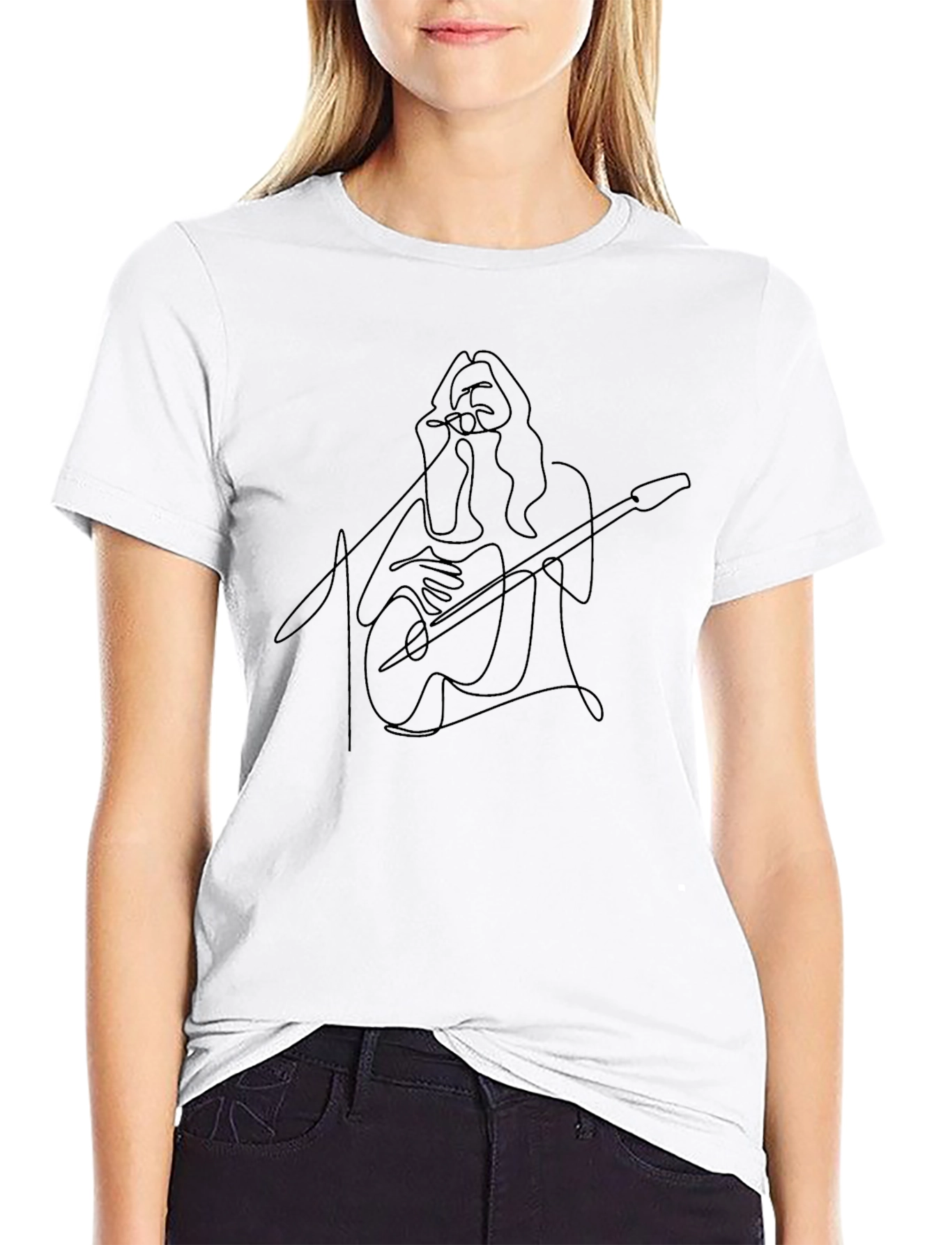 Guitar Player Line Art Black T-Shirt