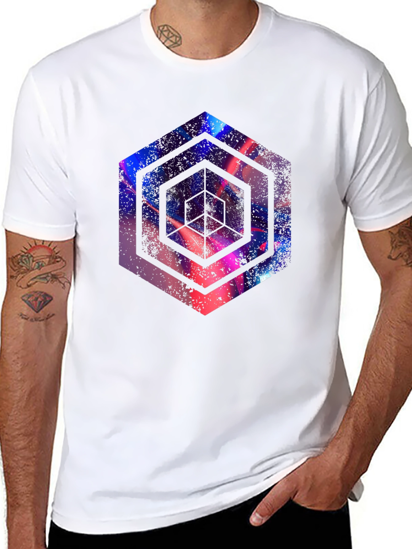 Abstract Hexagon Graphic Print Black T-Shirt