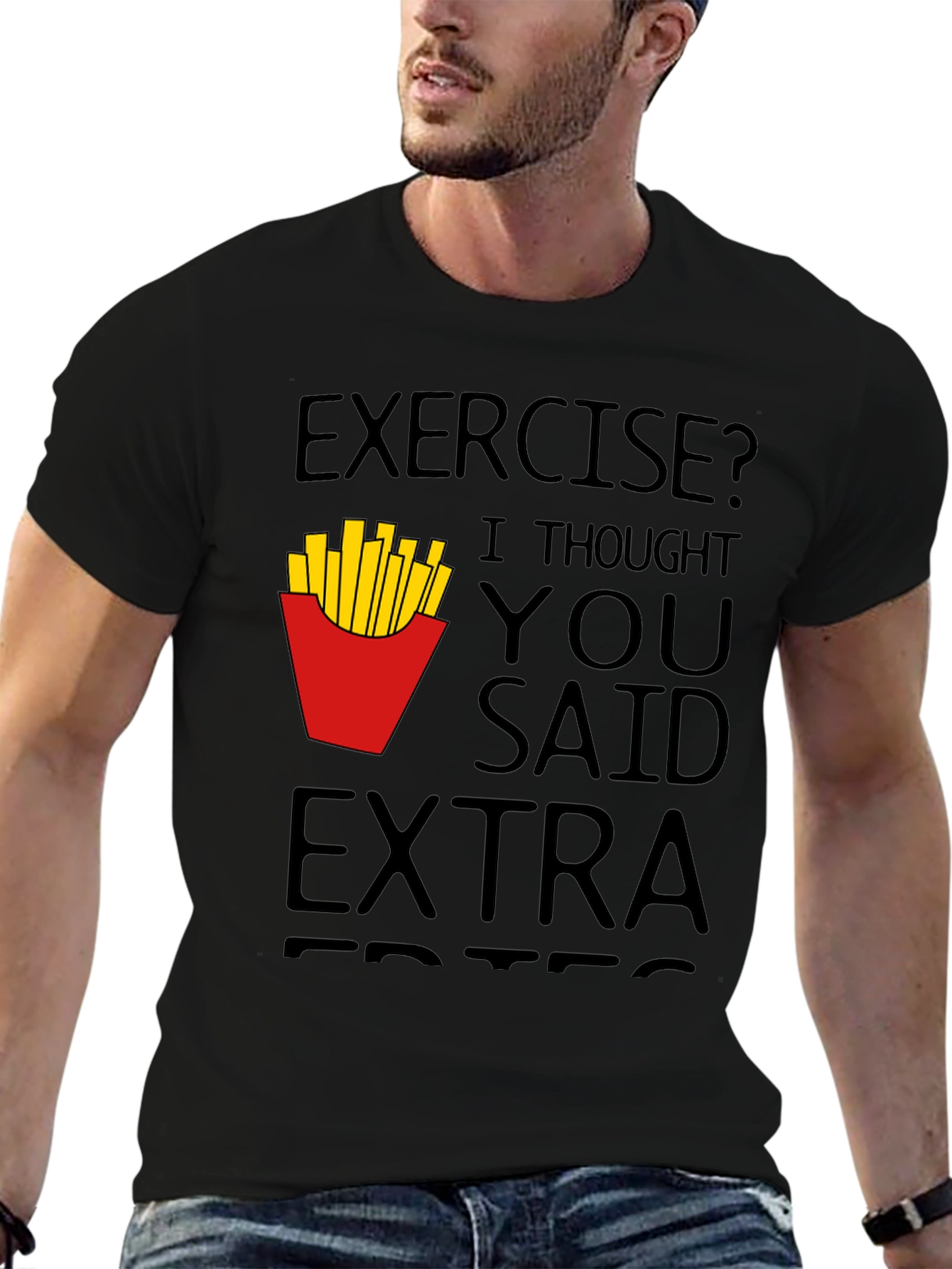 Funny Exercise Extra Fries Black T-Shirt
