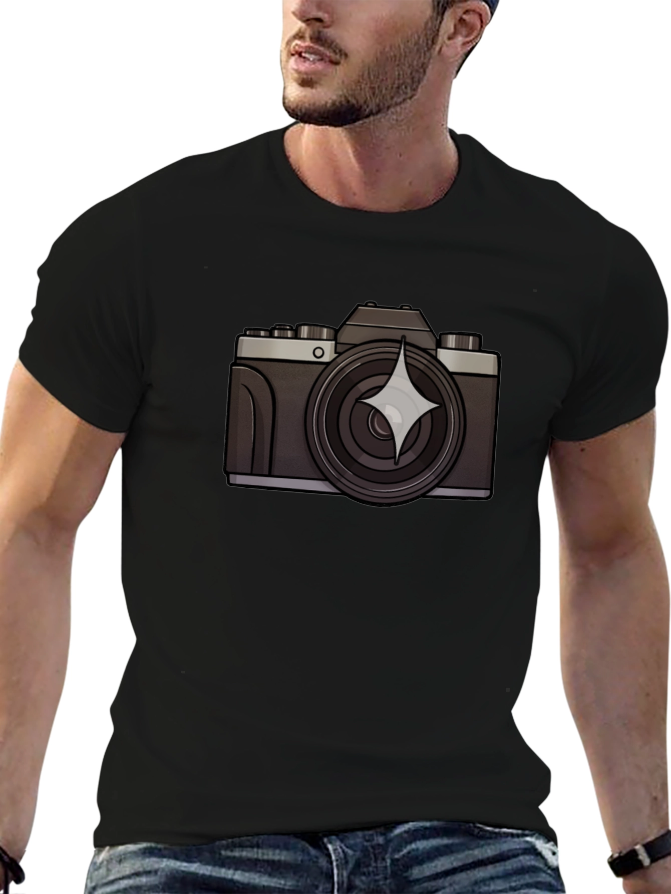 Retro Camera Graphic Tee - Black Cotton T-Shirt