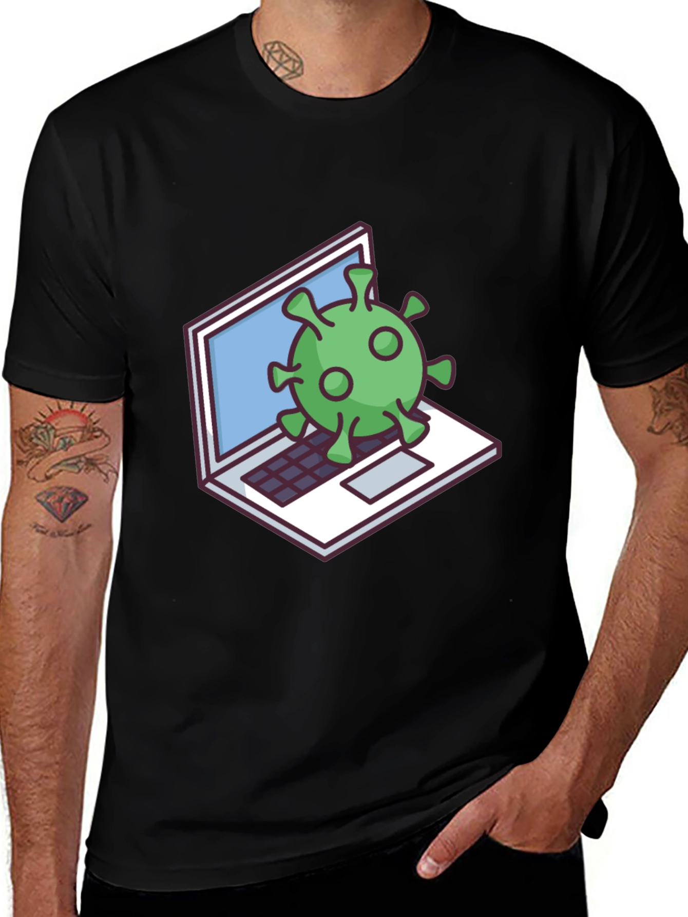 Virus Laptop Graphic Tee - Black Cotton T-Shirt