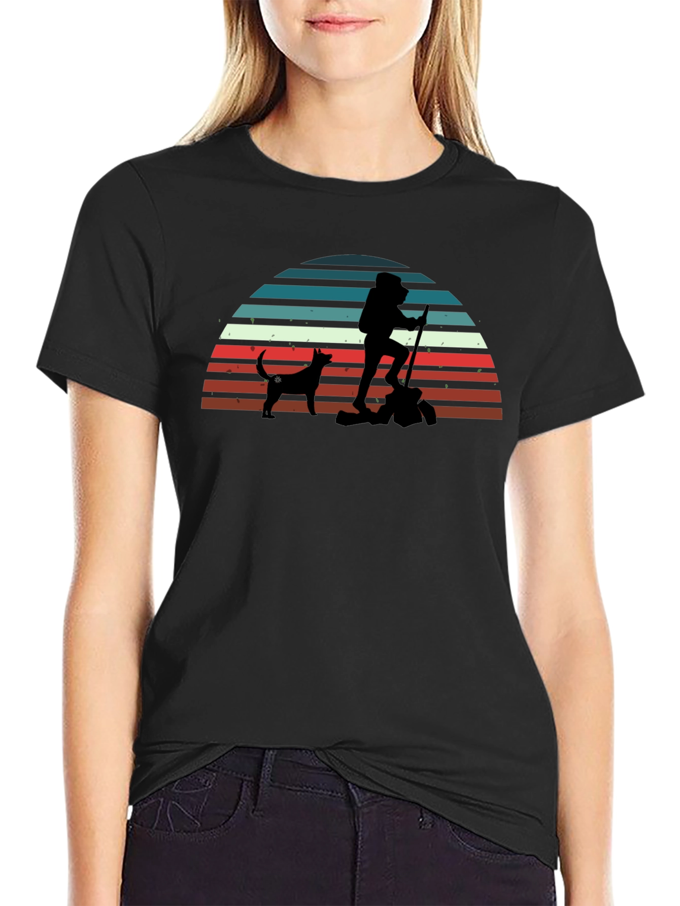 Hiking Dog Retro Black T-Shirt