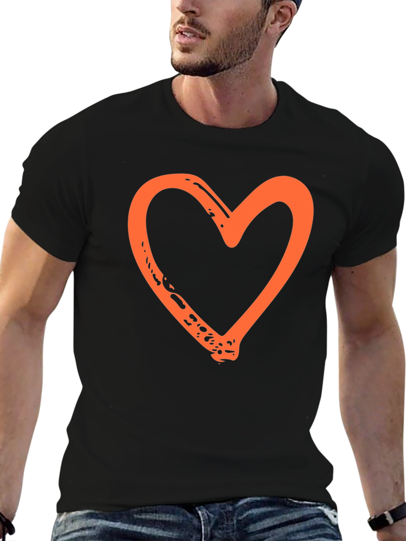 Orange Heart Graphic Black T-Shirt