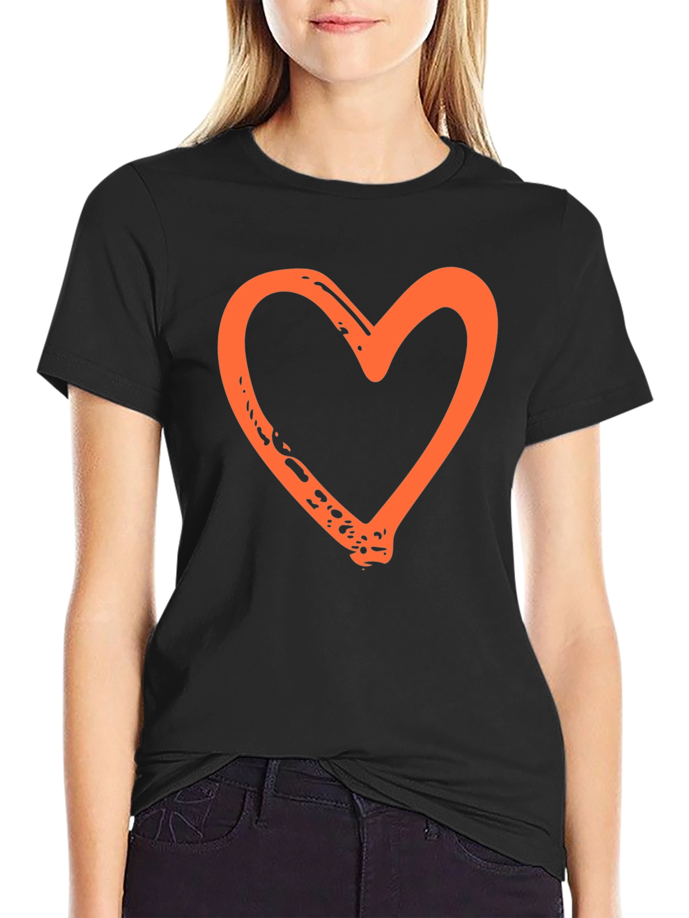 Orange Heart Graphic Black T-Shirt